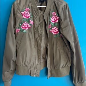 Love Tree Olive Bomber Jacket with Pink Floral Embroidery